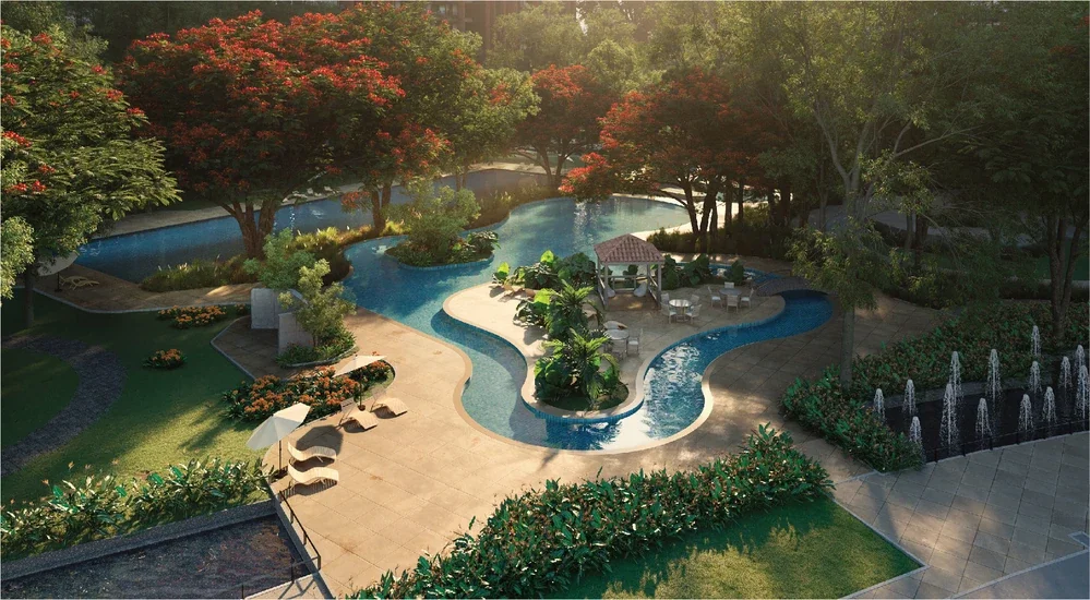 Garden and island pool at Sobha Aranya