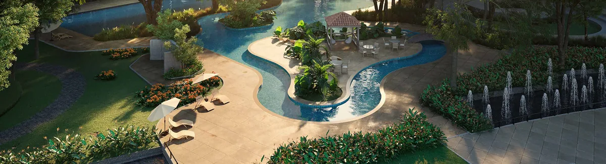 Panoramic view of the landscaped island pool at Sobha Aranya — artist’s impression
